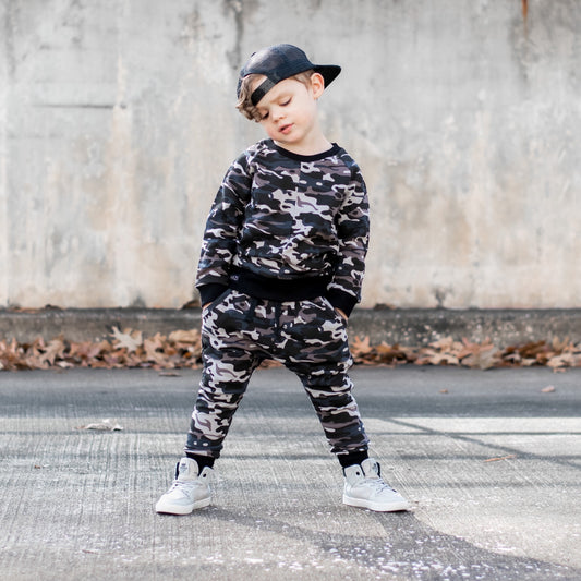 camo, crew neck, kids, top, 